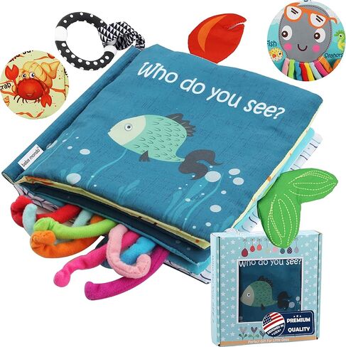 Fish Soft Baby Book Toys,Touch and Feel Cloth Crinkle Books for Babies, Infant Baby Toys 0-3-6-12-18 Months,Early Learning Education Toys,Mirror Toy,Shower Baby Gifts Christmas for Boys Girls-GIF Box in Kuwait
