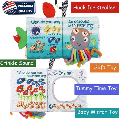 Fish Soft Baby Book Toys,Touch and Feel Cloth Crinkle Books for Babies, Infant Baby Toys 0-3-6-12-18 Months,Early Learning Education Toys,Mirror Toy,Shower Baby Gifts Christmas for Boys Girls-GIF Box in Kuwait