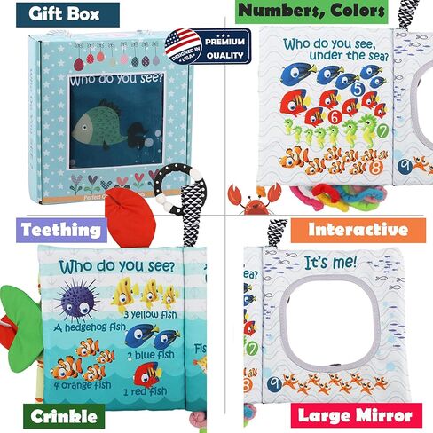 Fish Soft Baby Book Toys,Touch and Feel Cloth Crinkle Books for Babies, Infant Baby Toys 0-3-6-12-18 Months,Early Learning Education Toys,Mirror Toy,Shower Baby Gifts Christmas for Boys Girls-GIF Box in Kuwait