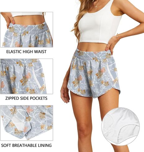 PrinStory Women's Running Shorts Summer High Waisted Quick Dry Athletic Work Out Gym Zipper Pocket Shorts with Liner in Saudi Arabia