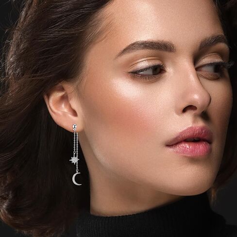 925 Sterling Silver Moon Star Earrings for Women Crescent Dangle with Cubic Zirconia Celestial Jewelry for Wedding in Kuwait