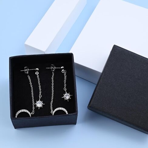 925 Sterling Silver Moon Star Earrings for Women Crescent Dangle with Cubic Zirconia Celestial Jewelry for Wedding in Kuwait