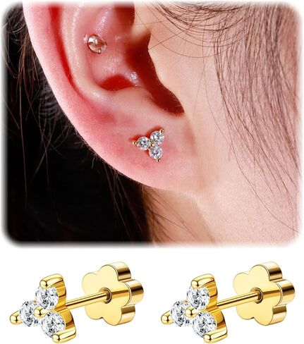 Flat Back Stud Earrings for Girls Women 14K Gold Plated Cartilage Stud Earrings 20G Hypoallergenic Surgical Steel Silver Snake Screw Back Nap Earrings Studs in Kuwait