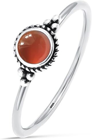 Mini Natural Black Obsidian Stone Ring,Retro Sterling Silver Tiny Real Crystal Stacking Thin Ring,Antique Cute Dainty Small Round Gemstone Ring Jewelry for Women (B06_Black Obsidian, 6) in Kuwait