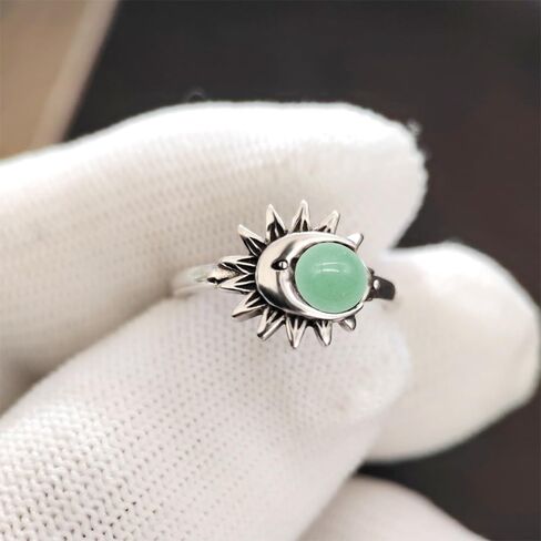 Natural Blue Lapis Lazuli Quartz Stone Ring,Retro 925 Sterling Silver Genuine Real Round Crystal Gemstone Ring,Sun Moon Statement Boho Bohemian Ring for Women (A08_Lapis Lazuli, 7) in Kuwait