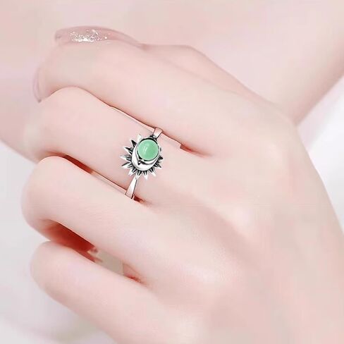 Natural Blue Lapis Lazuli Quartz Stone Ring,Retro 925 Sterling Silver Genuine Real Round Crystal Gemstone Ring,Sun Moon Statement Boho Bohemian Ring for Women (A08_Lapis Lazuli, 7) in Kuwait