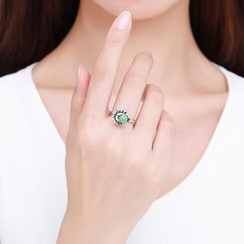 Natural Blue Lapis Lazuli Quartz Stone Ring,Retro 925 Sterling Silver Genuine Real Round Crystal Gemstone Ring,Sun Moon Statement Boho Bohemian Ring for Women (A08_Lapis Lazuli, 7) in Kuwait