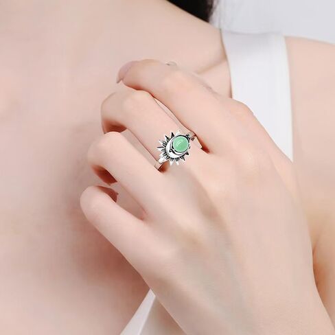 Natural Blue Lapis Lazuli Quartz Stone Ring,Retro 925 Sterling Silver Genuine Real Round Crystal Gemstone Ring,Sun Moon Statement Boho Bohemian Ring for Women (A08_Lapis Lazuli, 7) in Kuwait