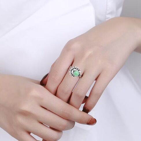 Natural Blue Lapis Lazuli Quartz Stone Ring,Retro 925 Sterling Silver Genuine Real Round Crystal Gemstone Ring,Sun Moon Statement Boho Bohemian Ring for Women (A08_Lapis Lazuli, 7) in Kuwait