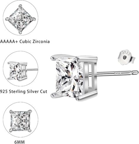 925 sterling Silver Princess Cut Cubic Zirconia Studs Hypoallergenic 6mm Square Cz Stud arocks for Men Women Girls Diamond Jewelry Gifts in Kuwait