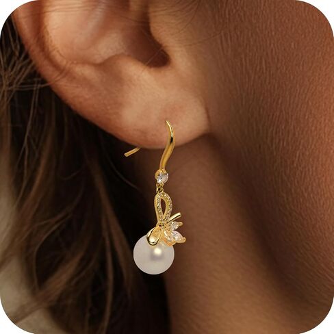 Pearl Bow Earrings for Women Crystal Bow Earrings,14k Gold Pearl Drop Dangle Earrings,Pearl Bow Stud Earrings Christmas Earrings Bow Earrings for Christmas Party Holiday Jewelry Gifts for Women in Saudi Arabia