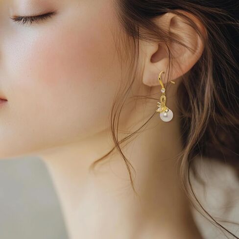 Pearl Bow Earrings for Women Crystal Bow Earrings,14k Gold Pearl Drop Dangle Earrings,Pearl Bow Stud Earrings Christmas Earrings Bow Earrings for Christmas Party Holiday Jewelry Gifts for Women in Saudi Arabia