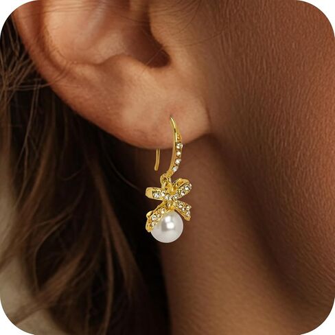 Pearl Bow Earrings for Women Crystal Bow Earrings,14k Gold Pearl Drop Dangle Earrings,Pearl Bow Stud Earrings Christmas Earrings Bow Earrings for Christmas Party Holiday Jewelry Gifts for Women in Saudi Arabia