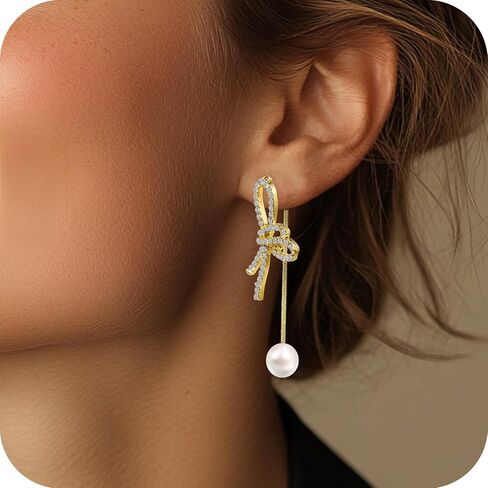 أقراط القوس اللؤلؤة للنساء أقراط القوس الكريستالية ، وأقراط الذهب الذهب 14 كيلو ، أقراط القوس ، أقراط عيد الميلاد لأقراط لعيد الميلاد ، هدايا مجوهرات عطلة عيد الميلاد للنساء in Kuwait