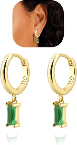 Baguette Drop Huggie Hoop Earrings, Natural Crystal Dangle Drop Earrings, 14K Gold Plated Hypoallergenic Small Hoop Drop Earrings for Women Girls Gifts (Pink) in Kuwait