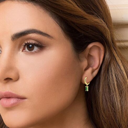 Baguette Drop Huggie Hoop Earrings, Natural Crystal Dangle Drop Earrings, 14K Gold Plated Hypoallergenic Small Hoop Drop Earrings for Women Girls Gifts (Pink) in Kuwait