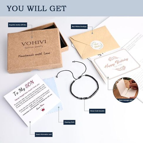 To My Son Bracelet from Mom,Morse Code Bracelets with Engraved Wallet Card,Adjustable Handmade Mens Beaded Bracelets easter basket stuffers in Saudi Arabia