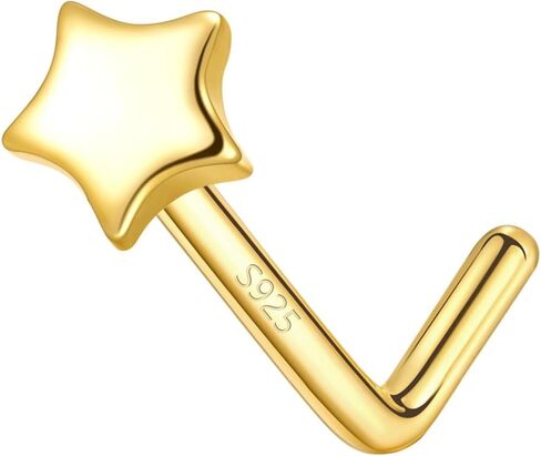 925 Sterling Silver Gold L Shaped Nose Rings Stud for Women - 14k Gold Plated 20g Heart/Star/Flower/Butterfly/Ball/Pearl Nose Stud, Hypoallergenic Gold Nose Piercings Jewelry (Gold Tri-CZ Flower) in Kuwait