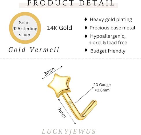 925 Sterling Silver Gold L Shaped Nose Rings Stud for Women - 14k Gold Plated 20g Heart/Star/Flower/Butterfly/Ball/Pearl Nose Stud, Hypoallergenic Gold Nose Piercings Jewelry (Gold Tri-CZ Flower) in Kuwait