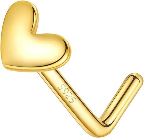 925 Sterling Silver Gold L Shaped Nose Rings Stud for Women - 14k Gold Plated 20g Heart/Star/Flower/Butterfly/Ball/Pearl Nose Stud, Hypoallergenic Gold Nose Piercings Jewelry (Gold Tri-CZ Flower) in Kuwait