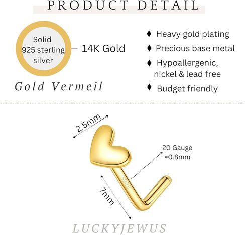 925 Sterling Silver Gold L Shaped Nose Rings Stud for Women - 14k Gold Plated 20g Heart/Star/Flower/Butterfly/Ball/Pearl Nose Stud, Hypoallergenic Gold Nose Piercings Jewelry (Gold Tri-CZ Flower) in Kuwait