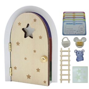 Qué Kawaii® MAGICAL Pérez mouse kit. DOOR THAT OPENS AND SHINES IN THE DARK Wooden door and+crochet bag+stars+little mouse that glows in the dark+6 certificates in Spanish (NATURAL)