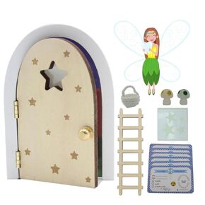 Qué Kawaii® TOOTH FAIRY DOOR THAT OPENS AND SHINES IN THE DARK Wooden door and stairs to paint and customize+crochet bag+stars+two mushrooms that glow in the dark+6 certificates (NATURAL)