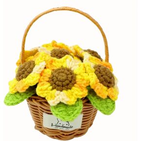 Sunflower Handmade Crochet Flowers,Handwoven Flower Girl Basket Cute Rabbit Sunflower Daisy Flower Basket Crochet Artificial Flower Knitted Flower Sunflower Wedding Flower Basket with Handle