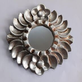 Handmade Small Gold Round mirror on the wall living room | Peruvian Hand-carved wood hanging mirror home decor | Gold leaf mirror wall art (Gold)