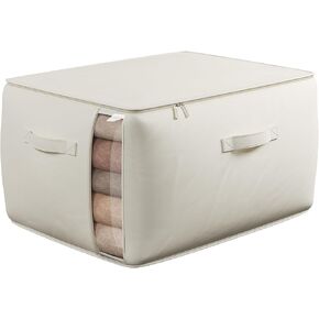 Large Canvas Clothes Storage Bags with Thick Handles and Clear Window, Foldable Cotton Linen Closet Organizer for Clothing, Blankets and Bedding, 70L, 3 Pack, Beige