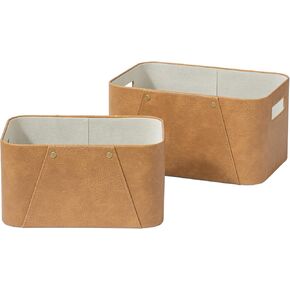 LA JOLIE MUSE Storage Baskets for Organizing, 2 Pack, Storage Cube Boxes Luxury Brown Vegan Leather and Beige Greige Fabric for Closet Shelf Cabinet Bookcase