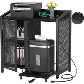 Unikito File Cabinet with Paper Shredder Stand On Wheel, Modern Vertical Filing Cabinet with Socket and USB Charging Port, Large Printer Stand with Adjustable Storage Shelf Rack for Home Office, Black