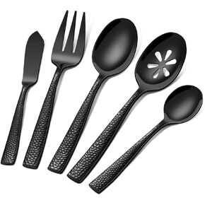 45-Piece Silverware Set with Serving Utensils, Ollex Durable Stainless Steel Black Hammered Flatware Set for 8 with Knives Forks Spoons Large Serving utensil Set for Home Restaurant, Dishwasher Safe