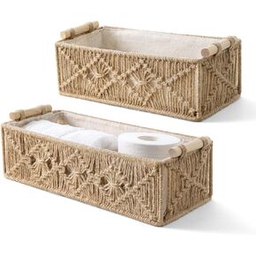 MKONO MACRAME STORAGE BATCETS BOHO DICE BOX يدويًا مصنوعًا من المنسوجة من التواليت الصناديق منظم خزان الخزان من أجل غرفة نوم غرفة نوم ، مجموعة من 2 ، العاج in Kuwait