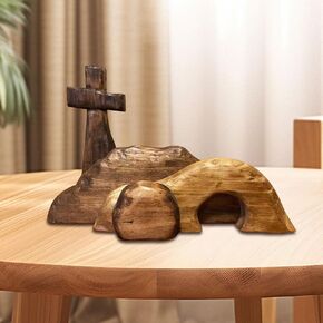 Easter Decorations Empty Tomb Easter Scene and Cross,Handcrafted Wooden Easter Decorations Jesus for Home Tabletop Office (Scene C)