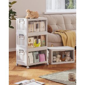 OlarHike 76QT Stackable Storage Bins with Lids - Folding Storage Box with Doors and Wheels, Collapsible Plastic Storage Bins for Closets, Storage Containers for Home, 3 Pack Cubes (Warm Gray)