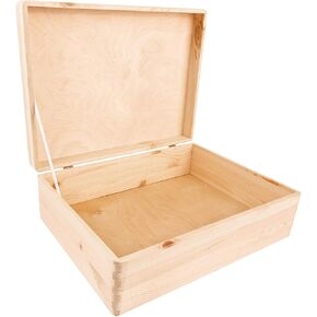 XL Brown Wooden Box Storage with Hinged Lid | 15.8 x 11.8 x 5.5 inches (+-0.5) | Gift Box for Tool Dog Toy Shoes Clothes Kitchen Storage Document | Wood Keepsake Chest