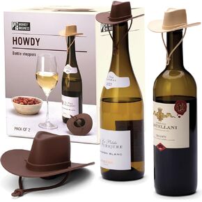 NEW - Monkey Business Silicone Wine Stoppers, Fun Cowboy Hat cap seals bottle and keeps wine fresh, Cute Wine Accessories, Novelty Kitchen Gadgets, Pack of 2 Howdy Bottle Stoppers