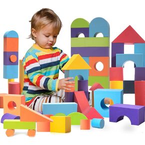 Set of 34 Jumbo Large Foam Blocks for Toddlers - Stacking Soft Blocks for Kids with Shapes & Colors Learning - Construction Building Preschool Toys - Giant Foam Bath Blocks for Toddlers 3-5 & above