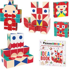 PicassoTiles 6-in-1 World Famous Painting Puzzles Magnetic Cubes Toy_Building_Block, Spain Park Guell, Paris Eiffel Tower, Greece Santorini & More for Kid, Educational Art for Boys and Girls
