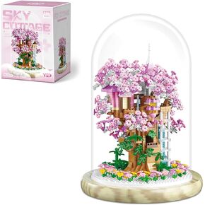 Cherry Blossom Bonsai Tree House Building Flowers Set for Adults, 1382 Pcs Micro-Particle Ideas Sakura Tree Building Blocks, Complete with String Lights, Dust Cover, and Wooden Base