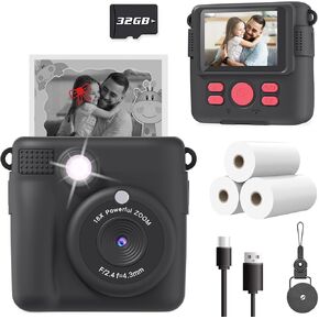 Kids Camera Instant Print, Christmas Birthday Gifts for Kids Age 3-12, Selfie Digital Camera with 1080P Videos,Toddler Portable Travel Camera Toy for 4 5 6 7 8 9 Year Old Boys Black