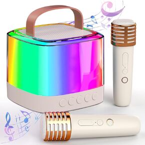Mini Karaoke Machine for Kids Adults, Portable Bluetooth Karaoke Speaker with 2 Wireless Mics and LED Color Lights, Party, Christmas Birthday Gifts Toys for Girls/Boys Ages 3-12+, Beige