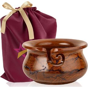 Wooden Yarn Storage Bowl, Large 7x7x4 Inches Knitting Yarn Holder for Crocheting, Crochet Bowl with Fractal Wood Burning & Blue Resin Artwork (Blue)