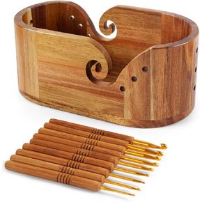 Oval Yarn Bowl, Crochet Yarn Holder with 9pcs Knitting Hooks, Yarn Storage Crochet Bowl Knitting for Crocheters, Large Yarn Bowl Acacia Wooden 11.3x5.9x4.7inch (Acacia Yarn Bowl)