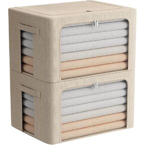 Extra Large Clothes Storage Bins Foldable Metal Frame Storage Box Stackable Linen Fabric Box Organizer Set with Carrying Handles and Clear Window (Beige, 23.6x 16.5x 15.7 Inch)