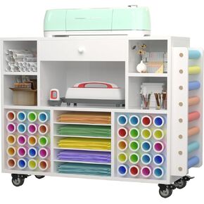 Craft organization and storage Cart Compatible with Cricut Machine, Rolling Craft Organizer With large drawer & 48 Vinyl Roll Holder, Crafting Cabinet Table Workstation for Craft Room Home