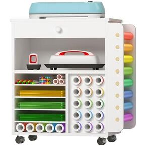 Craft organization and storage Cart Compatible with Cricut Machine, Rolling Craft Organizer With large drawer & 48 Vinyl Roll Holder, Crafting Cabinet Table Workstation for Craft Room Home
