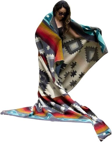 Tommy Lion- Alpaca Wool Blanket 80x90 in, Hypoallergenic, Soft, Lightweight, Handwoven, Queen Size. Made in Ecuador. Turquoise colors in Kuwait