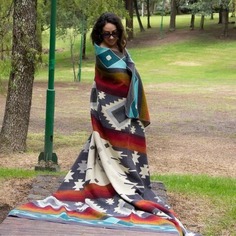 Tommy Lion- Alpaca Wool Blanket 80x90 in, Hypoallergenic, Soft, Lightweight, Handwoven, Queen Size. Made in Ecuador. Turquoise colors in Kuwait